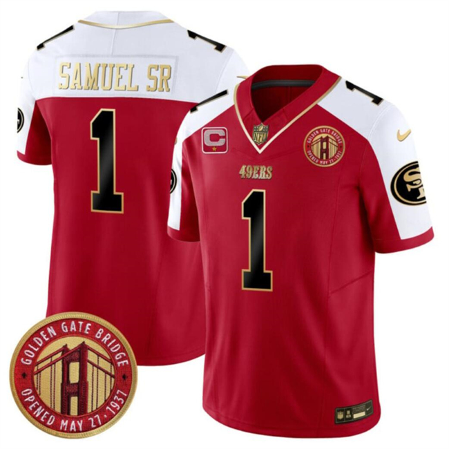 Men's San Francisco 49ers #1 Deebo Samuel Sr. Red/White F.U.S.E. With 1-Star C Patch And Golden Gate Bridge Patch Alternate Vapor Limited Football Stitched Jersey